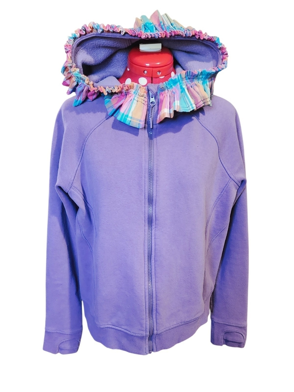 OOAK Purple LOLE Ruffle Hood Rainbow Care Bears Graphic Plaid Comfy Zip Up Large - Picture 4 of 7